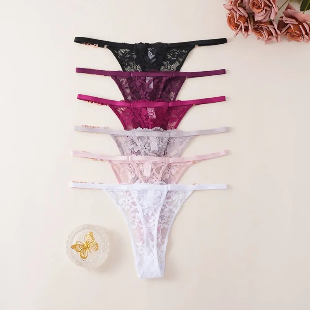 Sweet Rhinestone Letter Lace Panties Low Waist Seamless Women's Mesh Briefs Underwear Flower Thin Belt Thong Girl