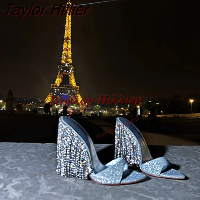 

Summer New Tassel Rhinestone High-Heeled Slippers Pointed Toe Stiletto Black Sandals Fashion Sexy Party Banquet Runway Shoes 46