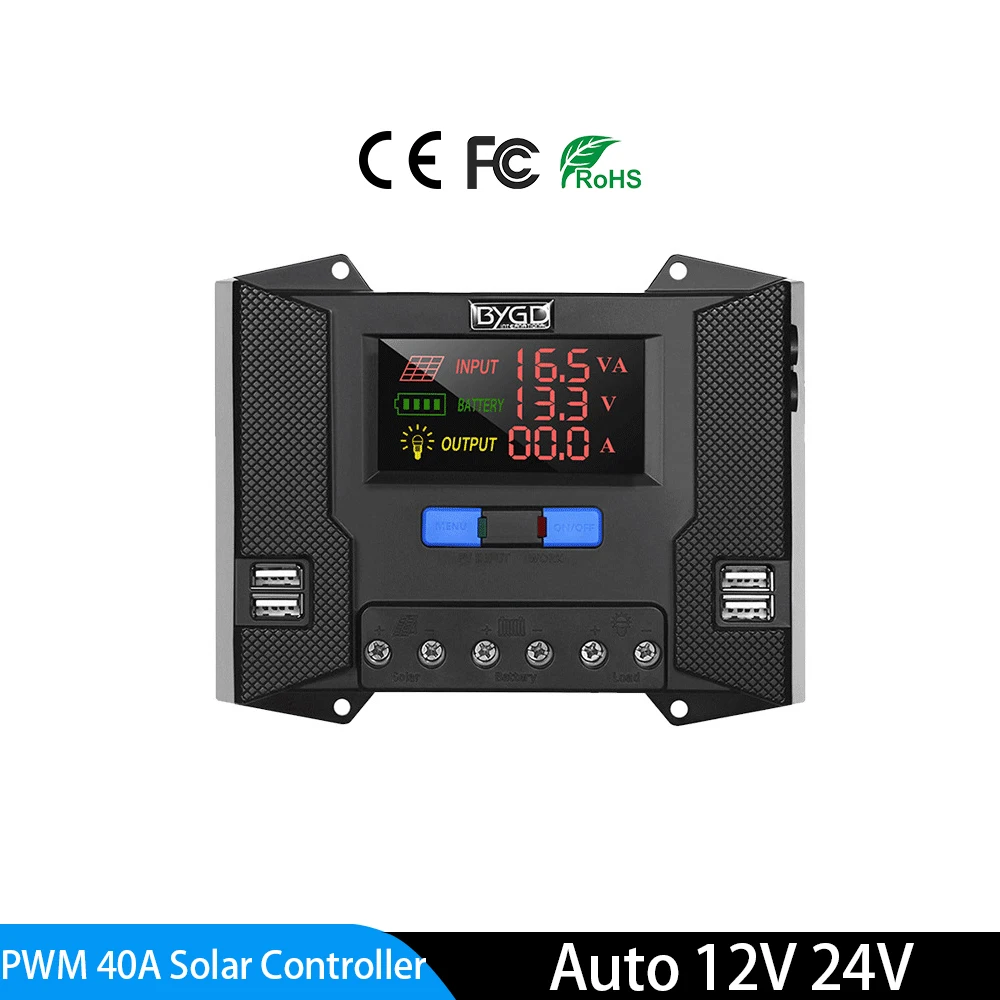 Pwm pv Controlador de Carregamento Solar Dual Usb hd Tela Colorida dc Painel Regulador Dual 20a 30a 40a 12v 24v 50v