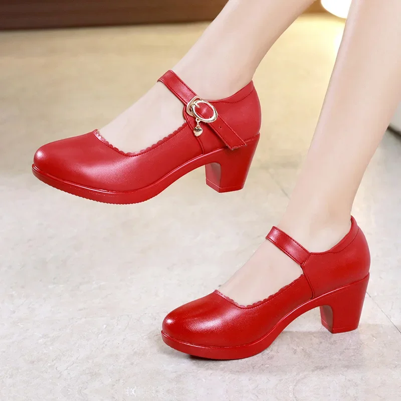 5cm Small Size 32-43 Office Mom\'s Shallow Med Block Heels Mary Janes Platform Pumps 2024 Fall Red White Silver Wedding Shoes