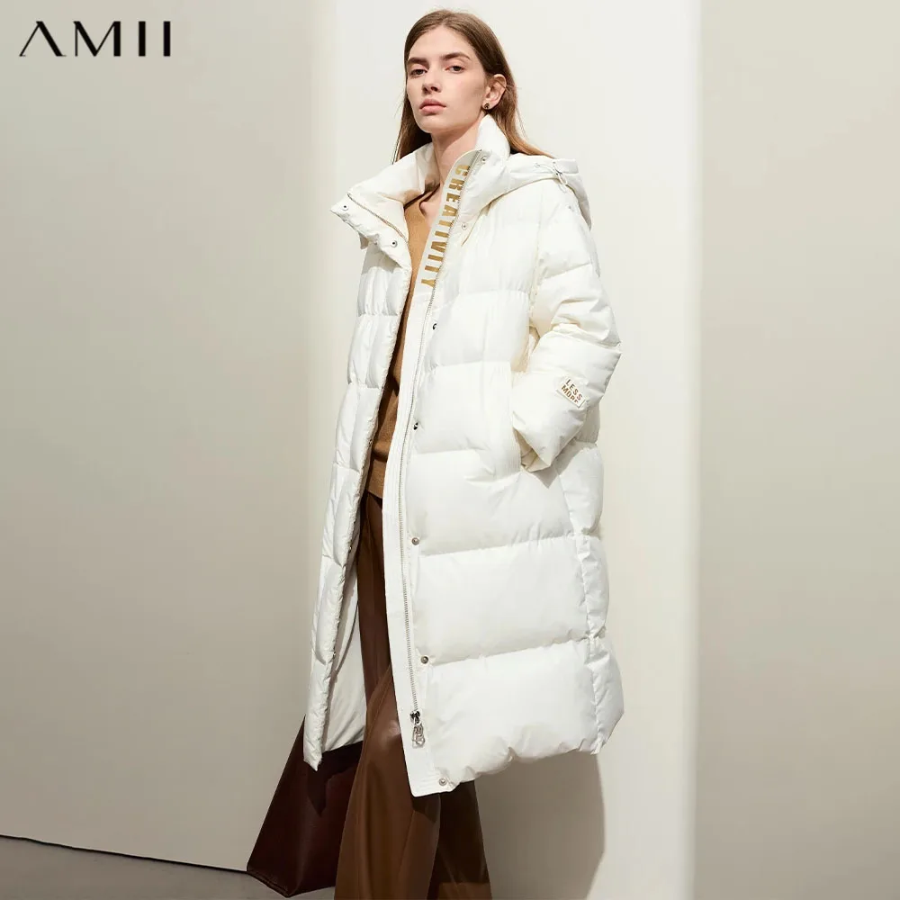 AMII Women's Heat Warm Storage Hooded Long Sleeve Duck Down Jacket Female Winter Letter Print Loose Outerwear Coats 12424044