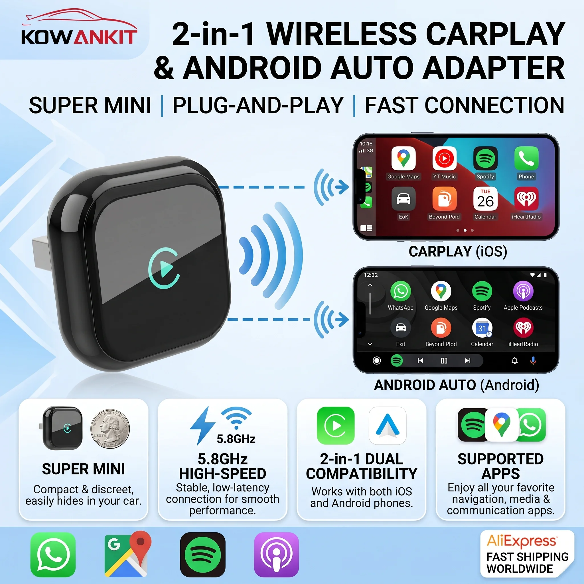 

2026 Kowankit Wireless CarPlay Dongle 2 in 1 Android Auto Adapter No Delay Stable Plug Play For VW Toyota Nissan Honda Ford Benz