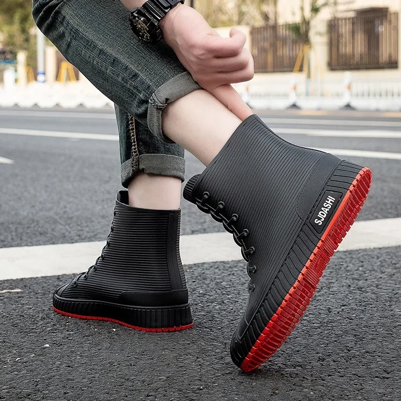 Men's Rain Boots Rubber Gumboots Slip on Mid-calf Waterproof Working Boots Comfort Red Non-slip Fishing Shoes for Men 2024