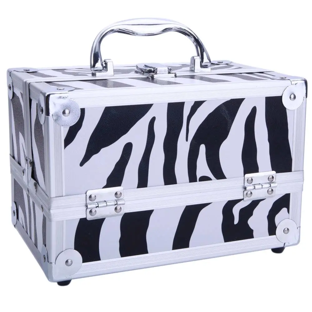 SM-2176 Zebra Aluminiowa kosmetyczka Pudełko na biżuterię Organizer kosmetyczny z lustrem - 9x6x6