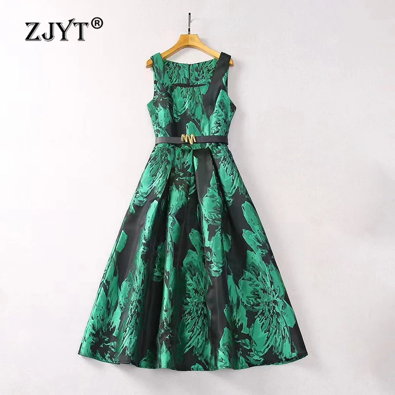 

ZJYT Women's Vintage Jacquard Tank Dresses Sleeveless Spring Summer 2024 Fashion Square Collar Midi Casual Party Dress with Belt