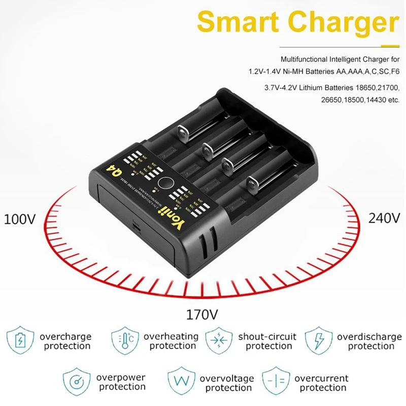 18650 Charger 4 Slot Usb 21700 Aa Aaa 26650 Smart Lithium Battery Nimh Battery Independent Charger