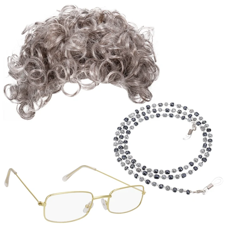 Grandma Old Lady Cosplay Dress Up Set Granny Costume Wig with Glasses and Bead Necklace Adult Halloween Masquerade Party Decor