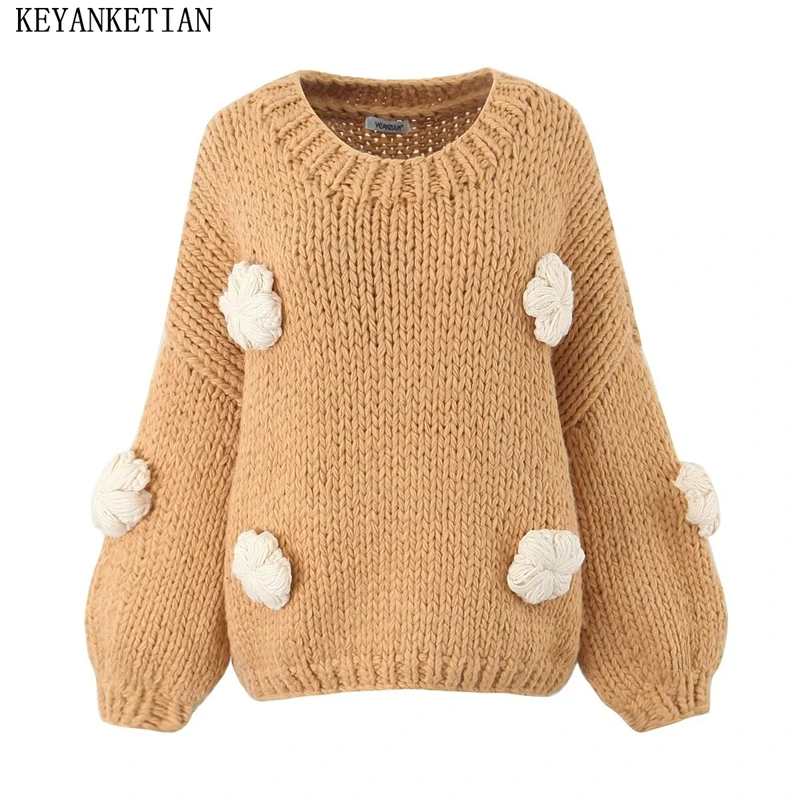 KEYANKETIAN Winter New Women's Flower Crochet Sweater Holiday wind O-Neck Lantern Sleeve Coarse Yarn Loose Knitted Top Pullover