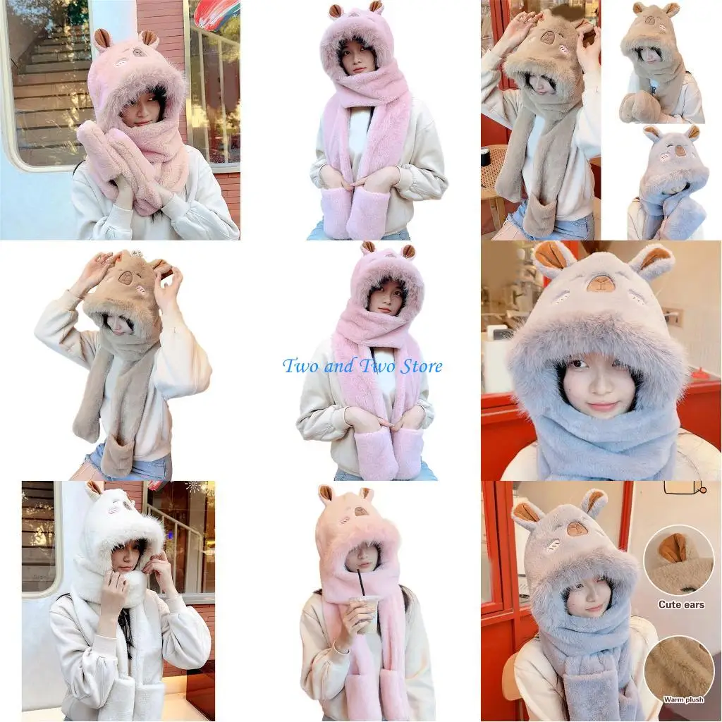 

HX6F прекрасная мультяшная шапка с медвежьими ушками и ушками для женщин, многофункциональная плюшевая шапка с капюшоном, шарф