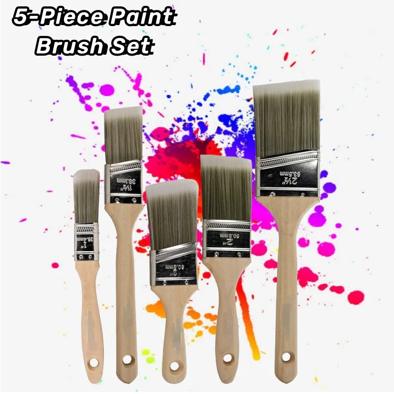 5-Piece Professional Paint Brush Set - Angled Oil Brushes With Wooden Handle & Stainless Ferrule - Assorted Sizes