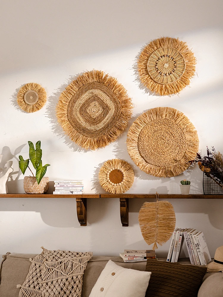 Natural Raffia Grass Woven Wall Decorative Art Creative Restaurant Bedroom Living Room Background Wall Decor Home Decor