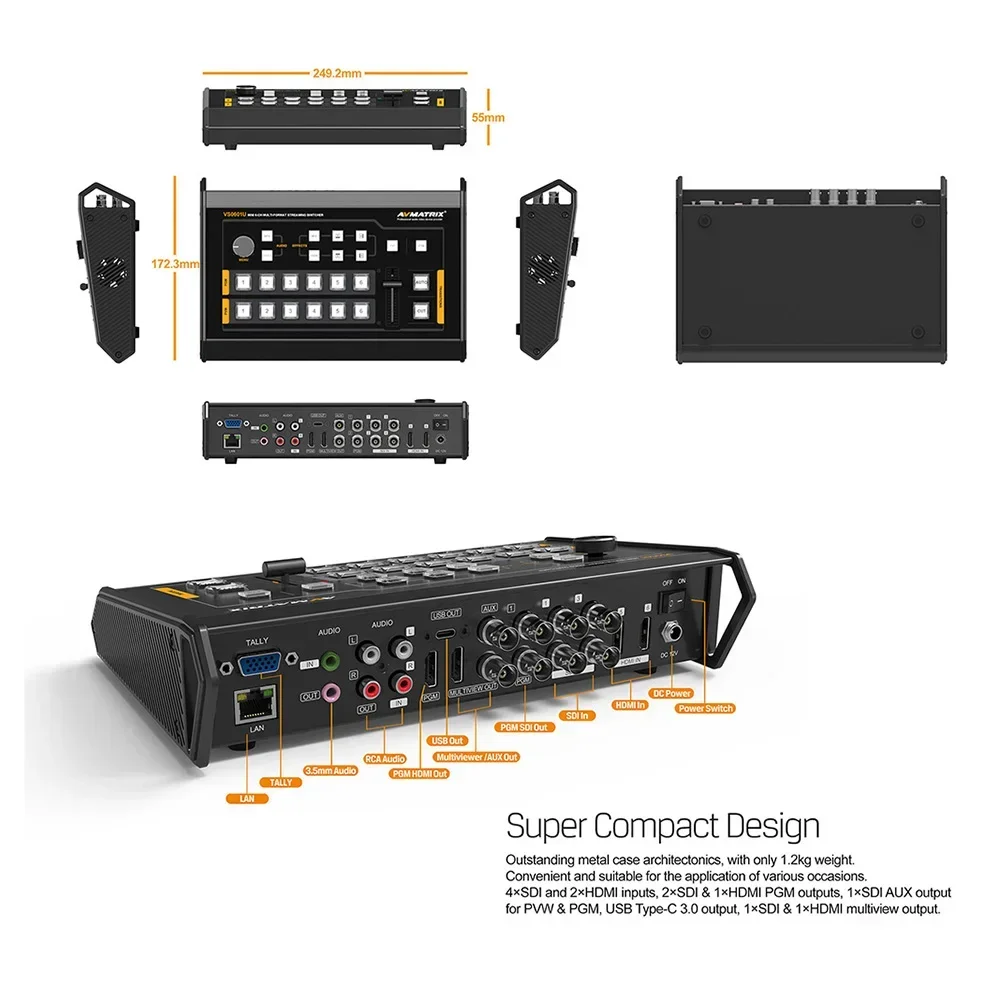 AVMATRIX VS0601U Conmutador de vídeo en streaming 6 canales Mini 4 × SDI 2 × Entrada HDMI Multiformato con salida USB tipo C Interfaz GPIO