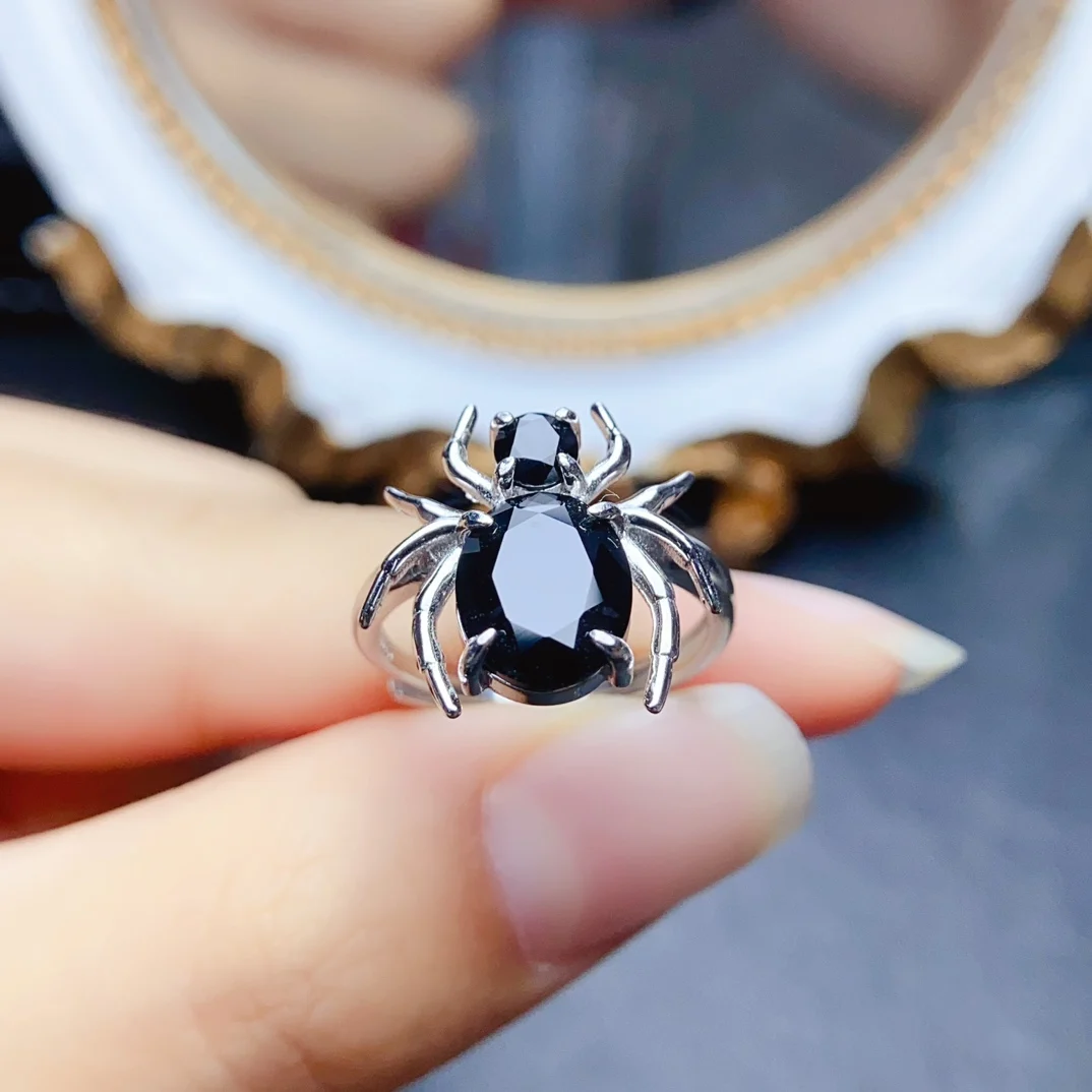 FS Fashion Real S925 Sterling Silver 8*10 Natural Black Spinel Spider Ring With Certificate Fine Charm Jewelry for Women MeiBaPJ