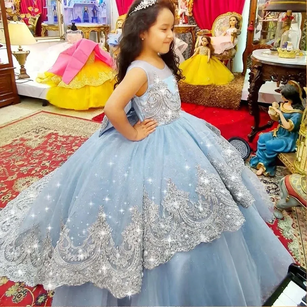 Custom Flower Girl Dress for Wedding First Christmas Party with V Back Large Sequin Bow Layered Tulle and Trailing Train Skirt