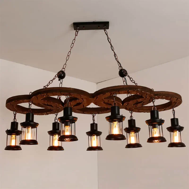 

Loft Industrial Style Retro Nostalgic Bar Chandelier Solid Wood Coffee Restaurant Bar Clothing Store Creative Five-Ring Chandeli