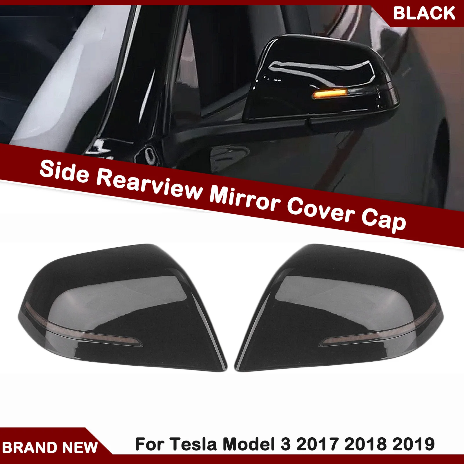 Glossy Black Mirror Cover With LED Light Lamp Car Rear View Cap Shell Case Clip On Auto Part For Tesla Model 3 2017-2023