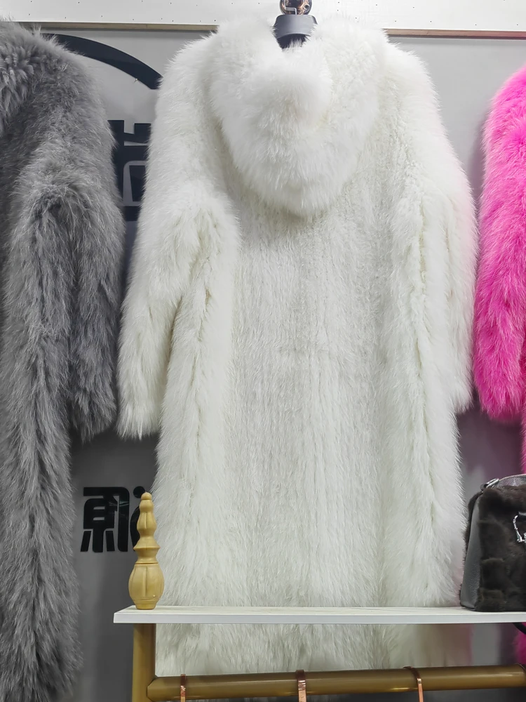 New  Double sided woven 100% fox fur coat, length 110cm hooded coat, Real fur coat women's imported white bear warm clothing