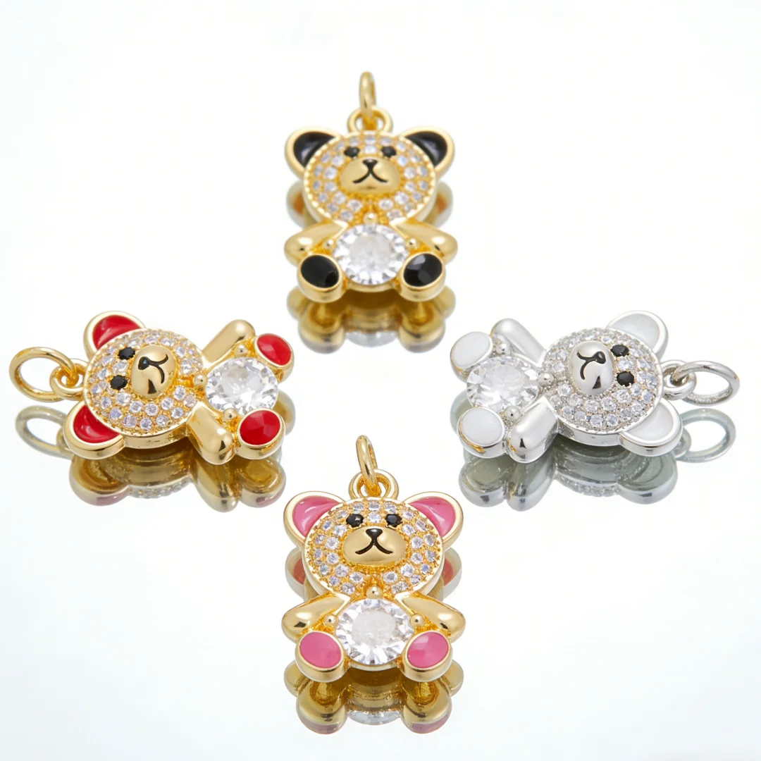

4Pcs Pendants Cute Bear Charms Brass Enamel Copper Plated Zircon DIY Jewelry Necklace Bracelet Fashion Accessories for Women Men