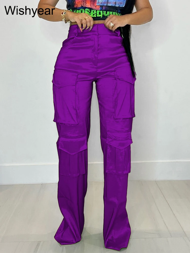 

Casual High Waist Button Fly Straight Trousers Night Club Outfits for Women Streetwear Silky Satin Multi Pockets Cargo Pants