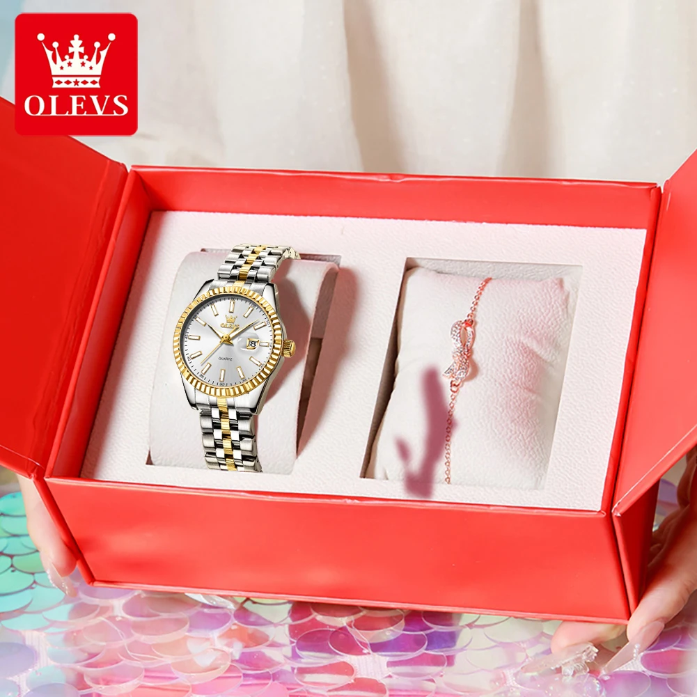 OLEVS 5593 Ladies Watches Original Luxury Quartz Wristwatch Stainless Steel Waterproof Luminous Day Date Watch Bracelet Set ﻿