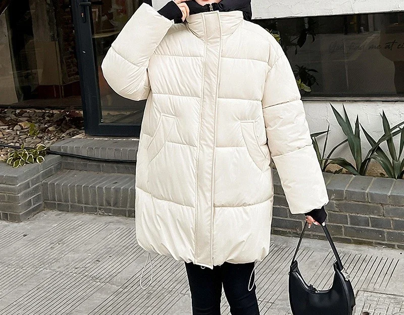 

Splicing Hooded Women's Winter New Style Thickened Warm Mid Length Straight Tube Fashionable Casual Cotton Jacket