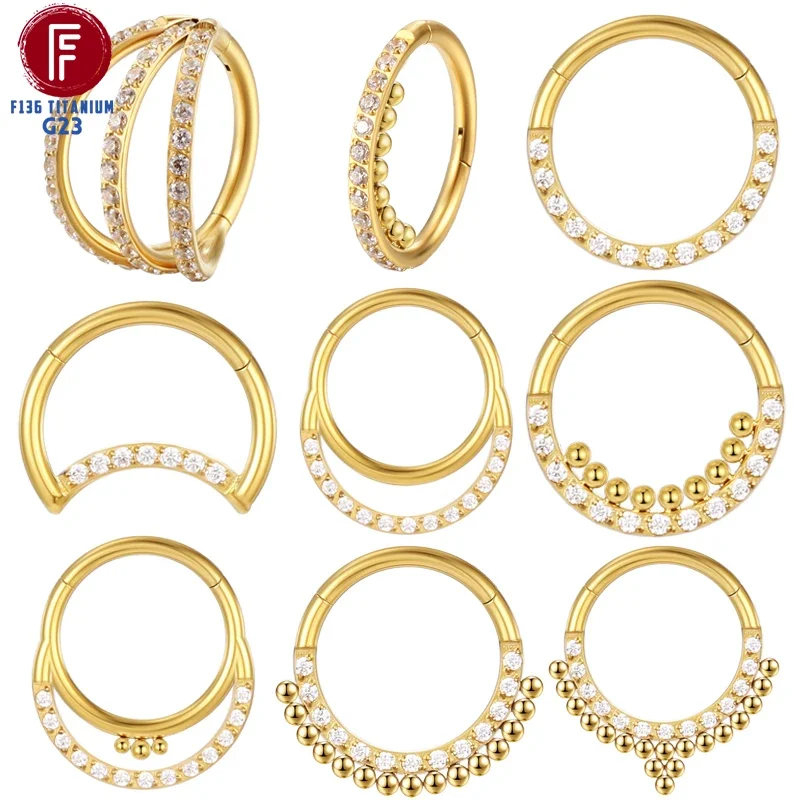 F136 Titanium Piercing 16G Cartilage Luxury Septum Clicker Tragus Nose ring Zircon Hinged Segment Labret Body Jewelry wholesale