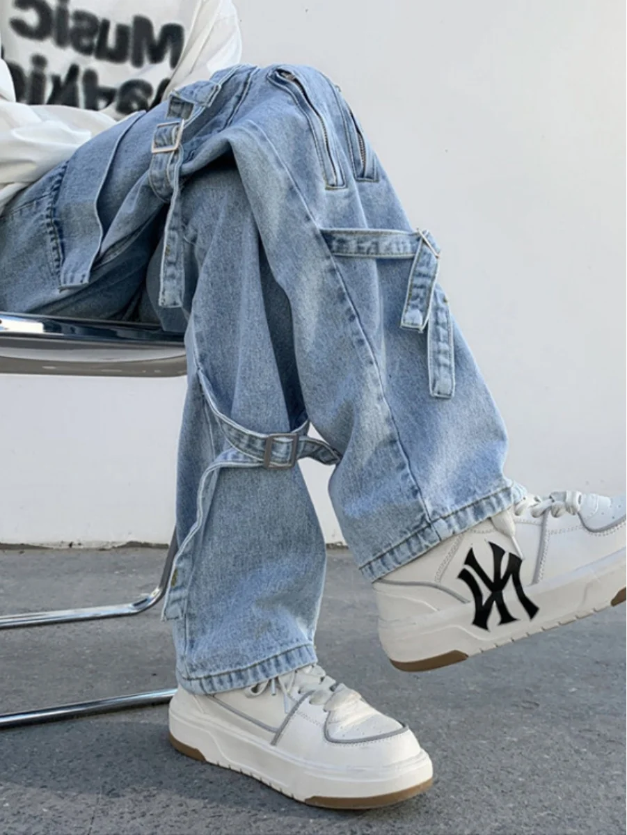 

American Sle Straight Leg Light Blue Workwear Jeans Men's Autumn Season High Street Heavy Du Functional Utili Trousers