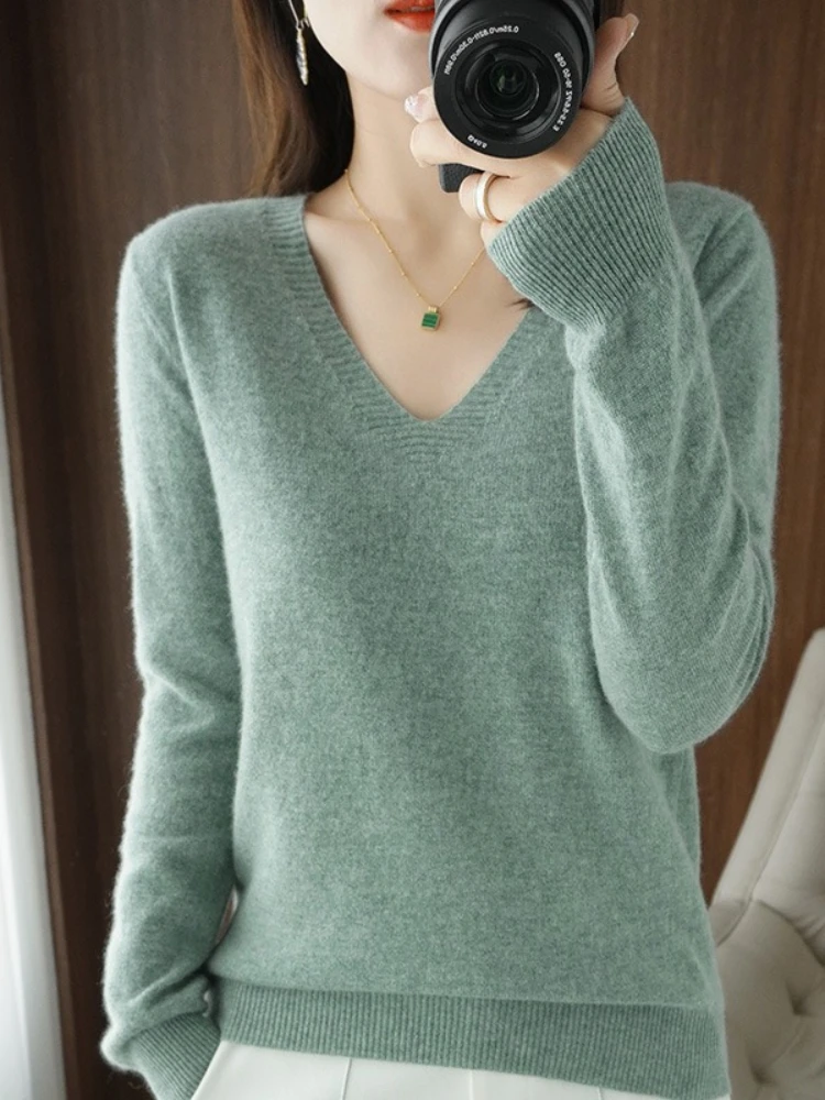 Autumn Winter Women Cashmere Sweater V-neck Pullover Neck Design Casual Knitted Long Sleeve Women's Korean Fashion Clothing