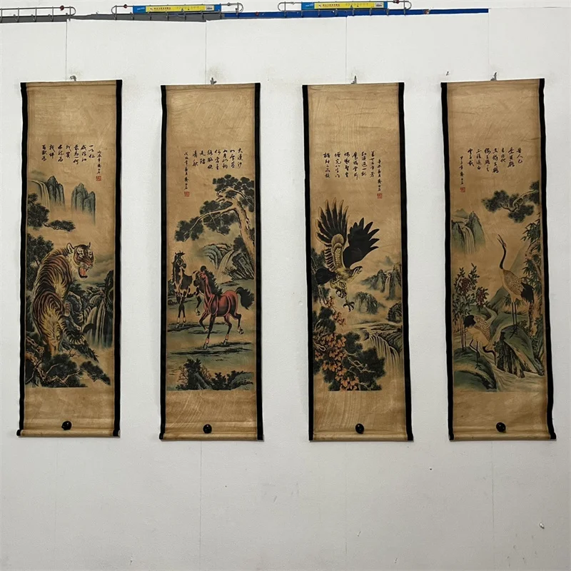 

China Old Scroll Painting, Four Screen Paintings, Middle Hall Hanging Painting,Qi Baishi's Tigers, Horses, Eagles, and Cranes