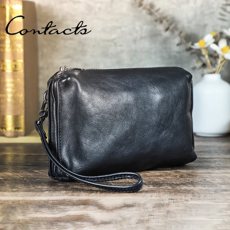 CONTACT'S RFID حقيبة يد جلدية أصلية الرجال الرجعية المحمولة جودة 6 فتحات بطاقة الهاتف حقيبة صغيرة السفر الأعمال العمل المحفظة