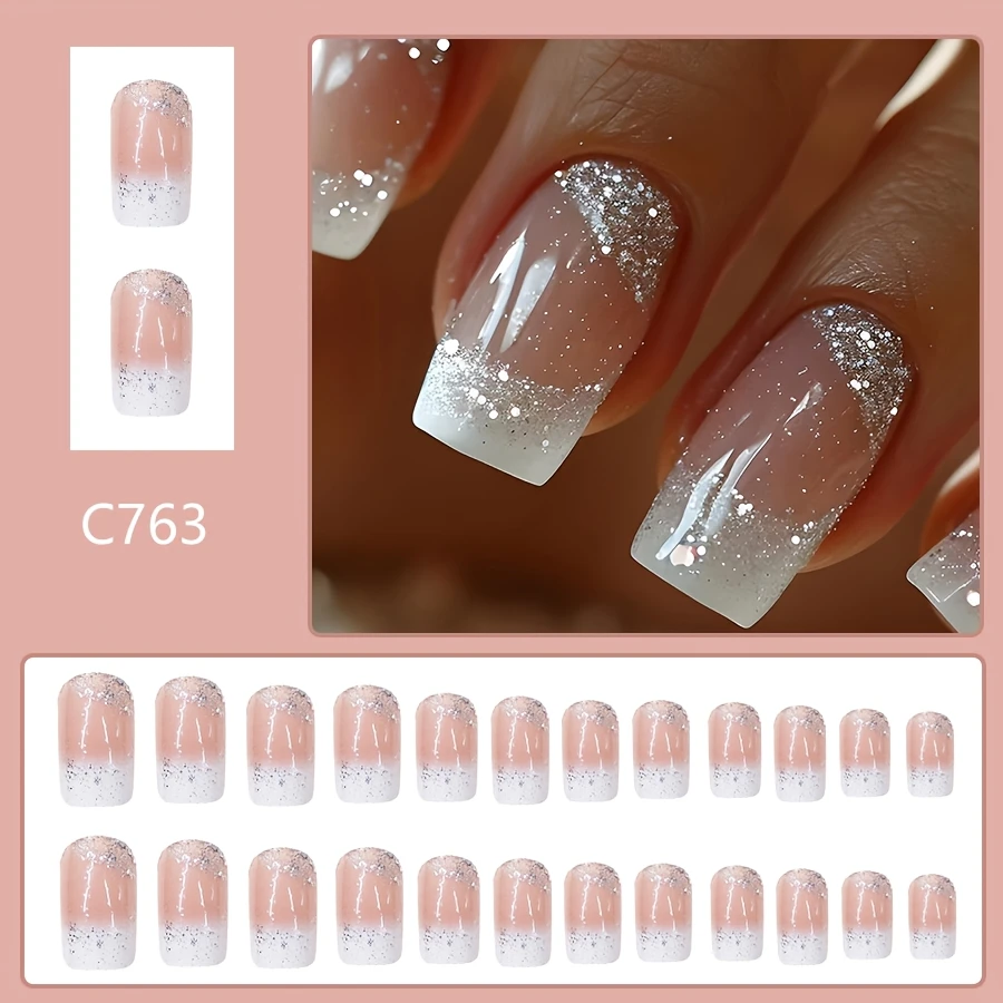 24 pièces moyen Long brillant carré scintillant blanc Style français portant des ongles, faux ongles doux et doux, Nail Art de mariée pour femmes