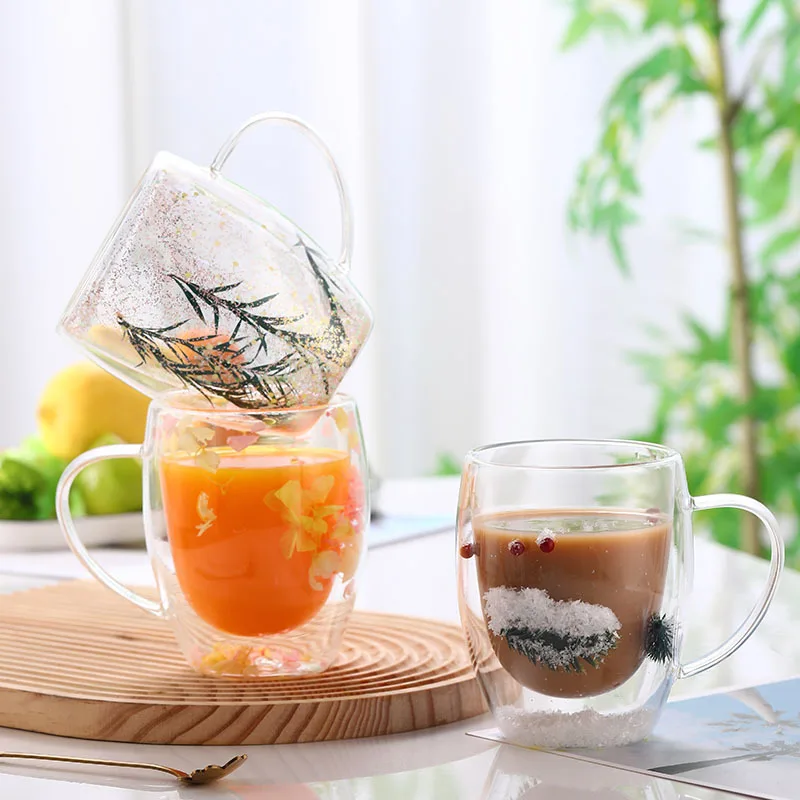 350ml Dried Flower Double Walled Glass Mug Cup Coffee Mug with Dry Flowers Decorative Flower Mug Double Wall Flower Cup