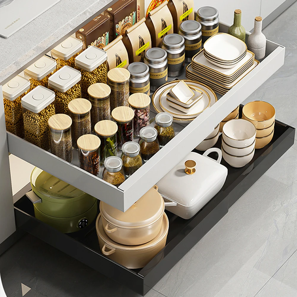 Expandable Pull Out Cabinet Organizer Heavy Duty Slide Out Drawers Fixed With Adhesive For Kitchen Pantry Bathroom