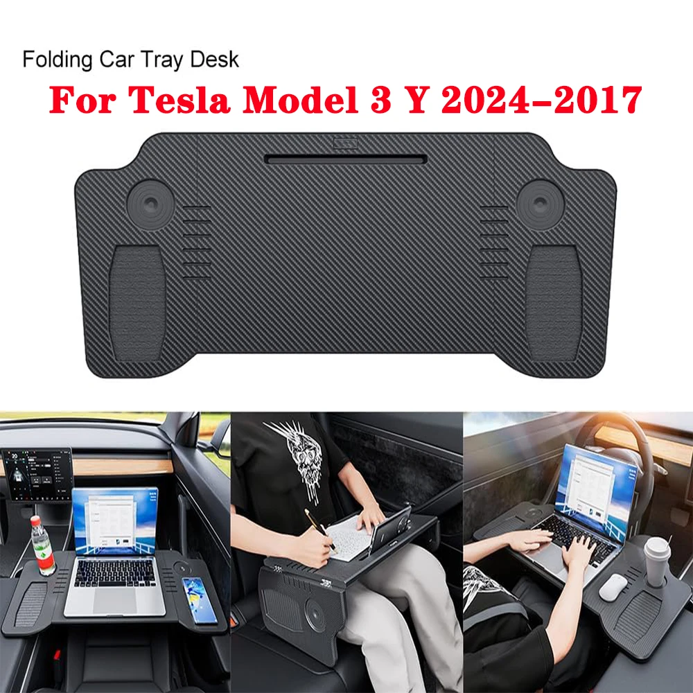 Foldable Car Food Tray Desk for Tesla Model 3 Y 2024-2017, Laptop Desk Textured Steering Wheel Tray Portable Driver Eating Table