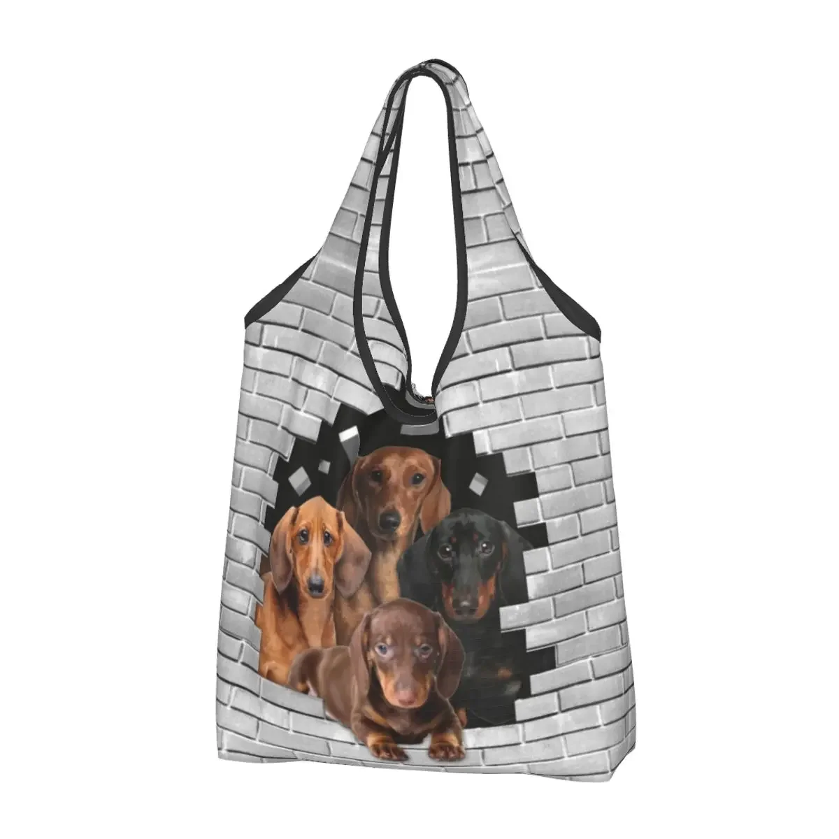 Kawaii Printed Dachshund Dog In Cement Brick Shopping Tote Bags Portable Shoulder Shopper Badger Wiener Sausage Handbag