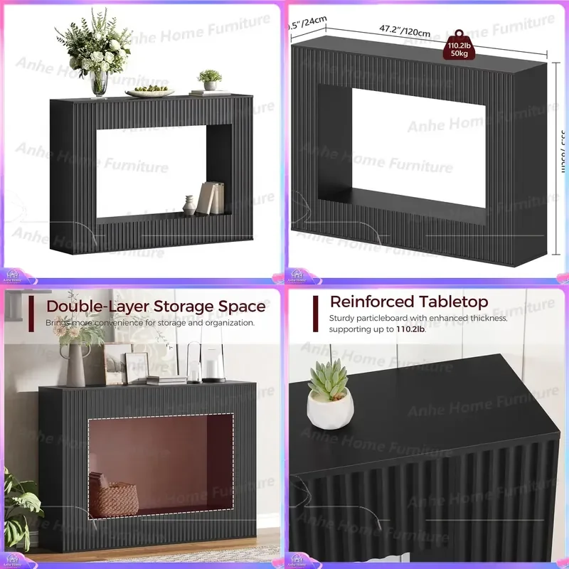 Modern Wooden Entryway Table 47.2 Inch Black Console with Groove Design Storage Cabinet for Hallway Living Room Dining Area