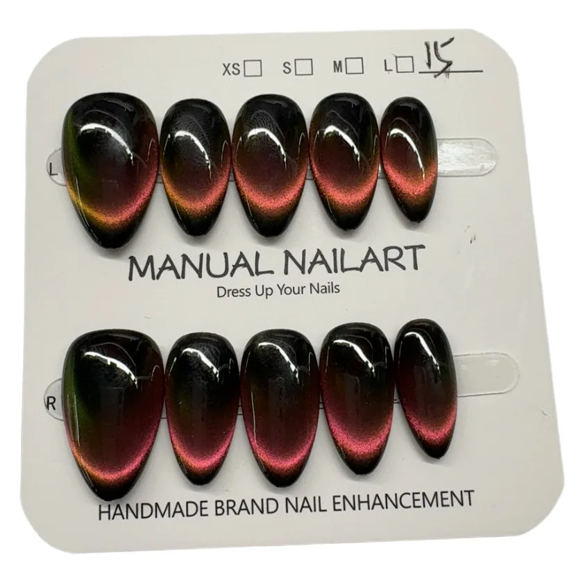 

10pcs Short Almonds Handmade Press On Nails Black Silver Moonlight Cat Magnetic Detachable False Nails