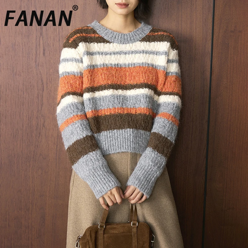 

FANAN модный полосатый контрастный цветной шерстяной вязаный свитер для женщин с длинным рукавом толстый теплый пуловер топы женские зимние новые
