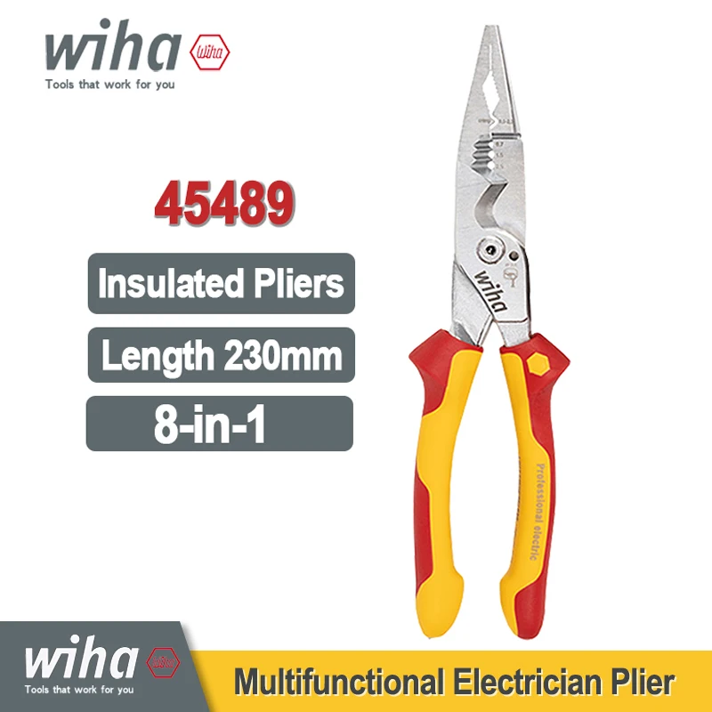 Wiha 8-in-1 Multifunctional Insulated Pliers 1000V VDE Wire Strippers Sharp Mouthed Wire Crimping Assembly Pliers NO.45489