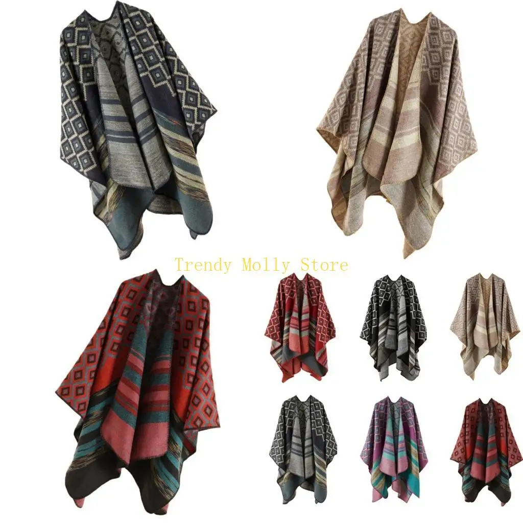 

N5KB Этническая шаль для путешествий Зима-Осень ветрозащитные накидки Мексиканский плащ с геометрическим рисунком
