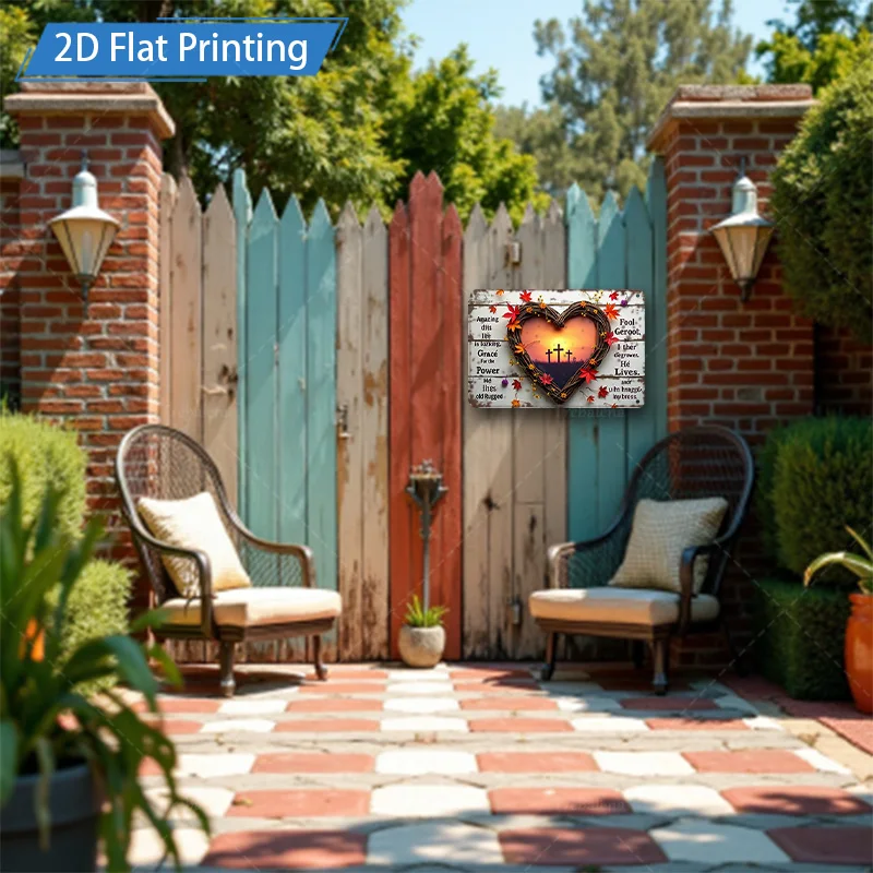 [2D FLAT] 1 قطعة علامة معدنية ، 8x12 بوصة ريفي القلب الصليب علامة معدنية 2D الطباعة المسطحة المسيحية جدار ديكور فني لحديقة المنزل