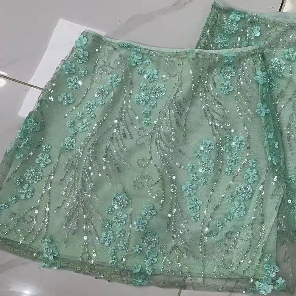 Heavy Industry Shiny Beach Vacation Atmosphere Sexy Sequin Embroidered Flower Mesh Hip Skirt
