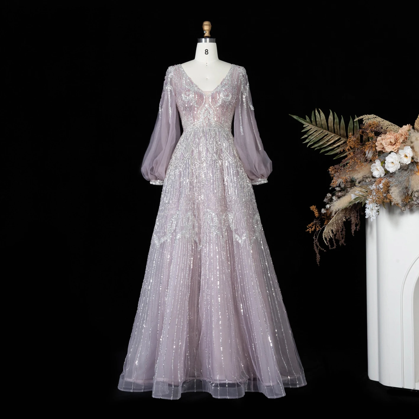 Sharon Said Luxuriöses Rosa Abendkleid mit Perlenstickerei, V-Ausschnitt, A-Linie und Puffärmeln, 2026 Damen Hochzeitsfeier SS057, Maßanfertigung – Detail 5