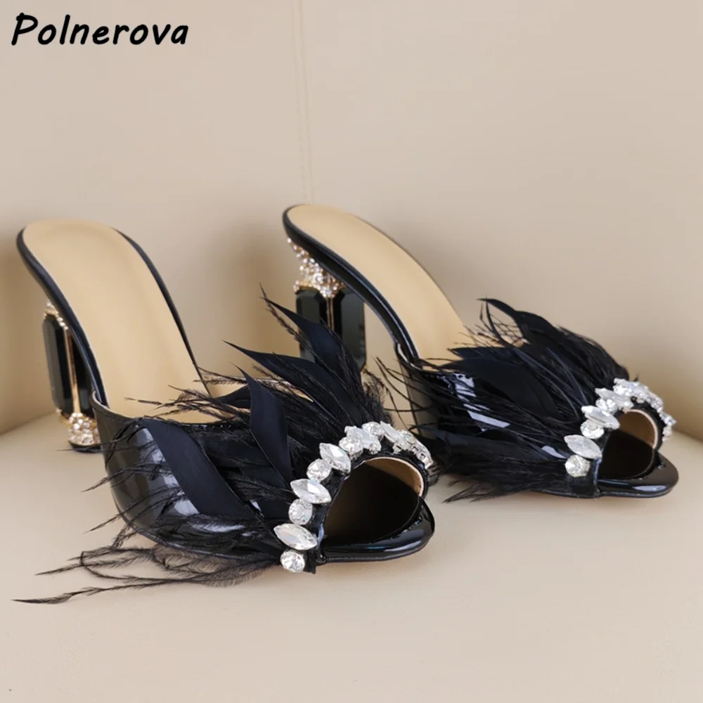 

Тапочки с перьями на каблуке со стразами, кожаные туфли на шпильке с открытым носком на массивном каблуке, женские летние уличные роскошные тапочки