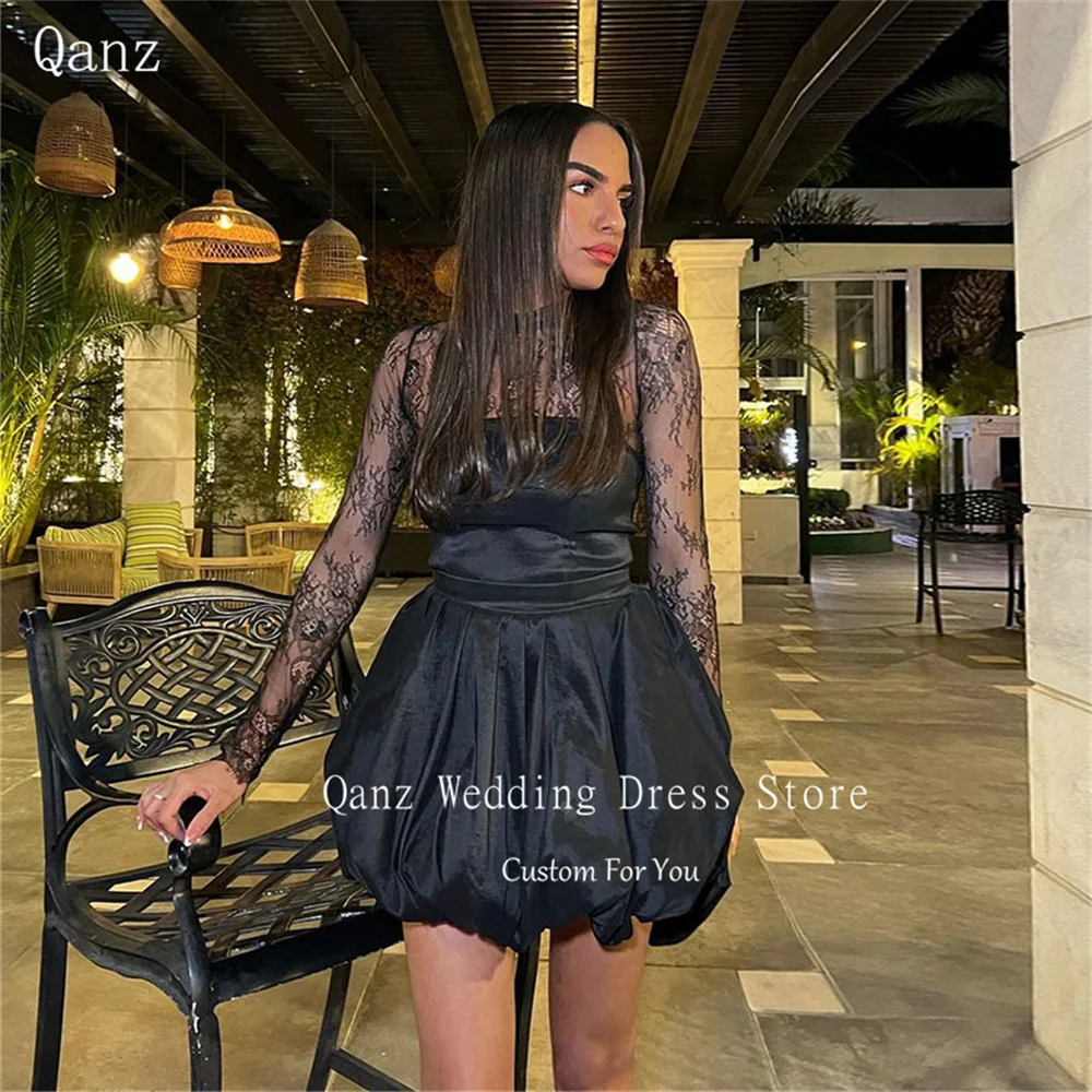 

Qanz O Neck Dress Party Night Long Sleeves See Trough Short A Line Homecoming Dresses Black Lace Vestidos De Noche Elegantes