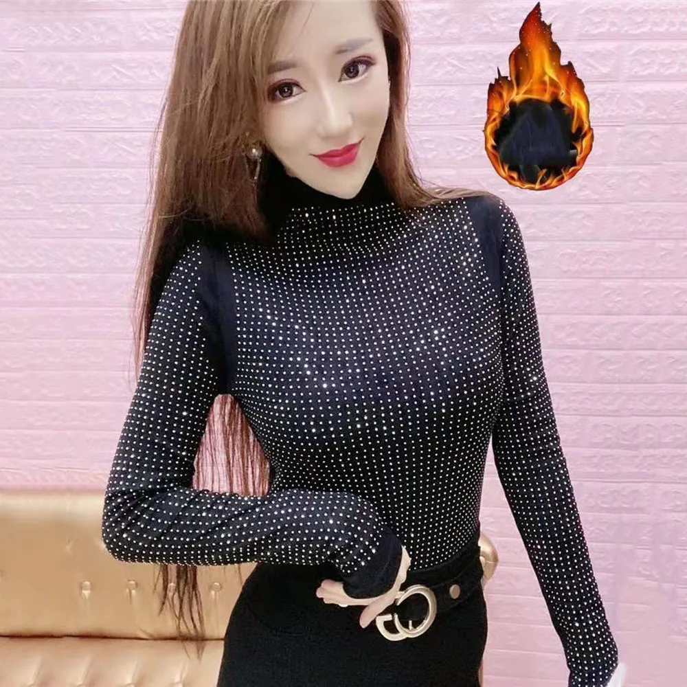 Fashion Autumn Hot Diamond T-shirt Women Turtleneck Bottoming Tops For Ladies Slim Jumper Blouse Female Tees Trend  2024 Spring