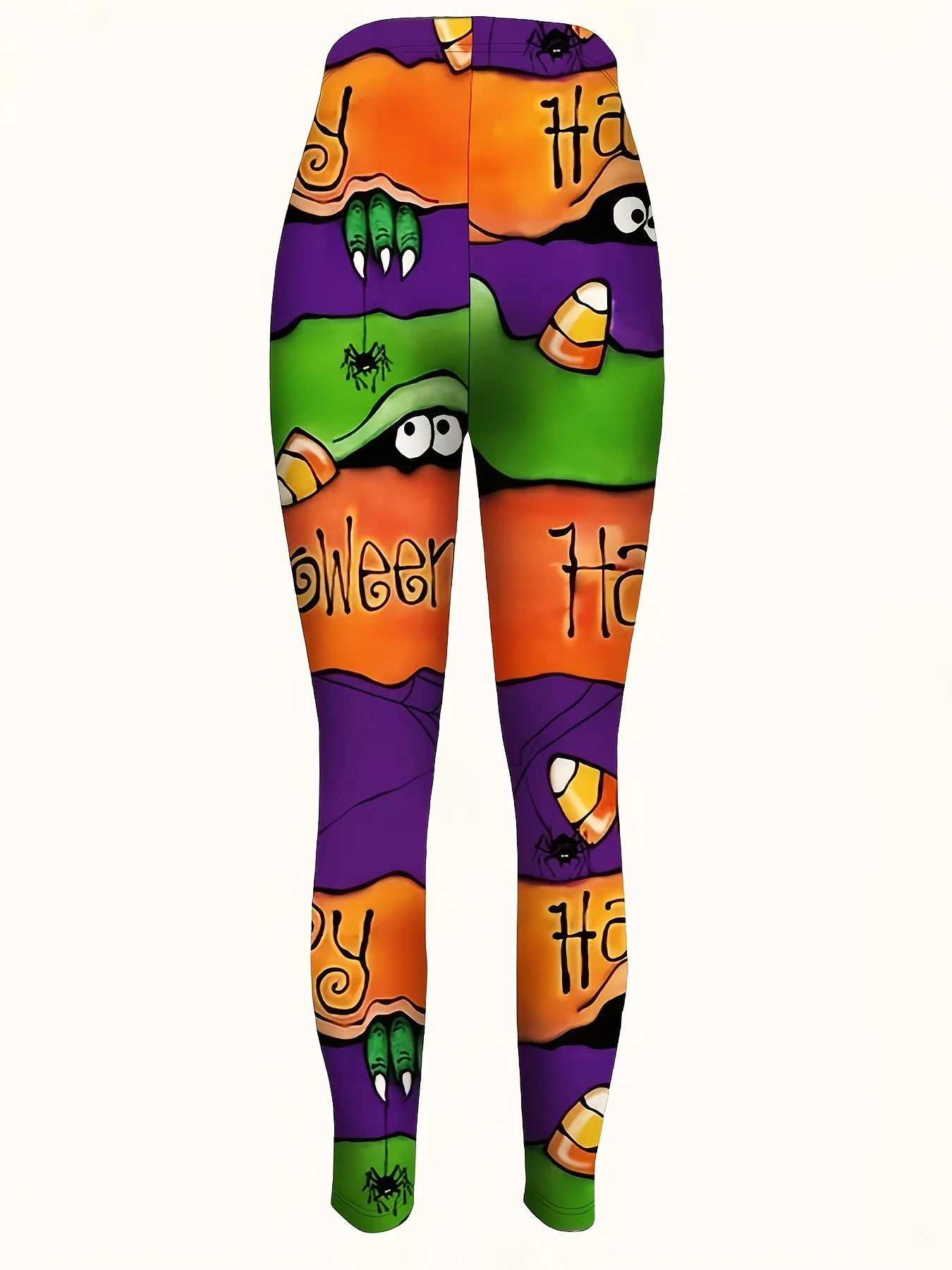 Women's Mid‑Rise Fleece Lined Leggings Halloween Cartoon Block Print Spider Candy Corn Stretch Warm Ladies Pants