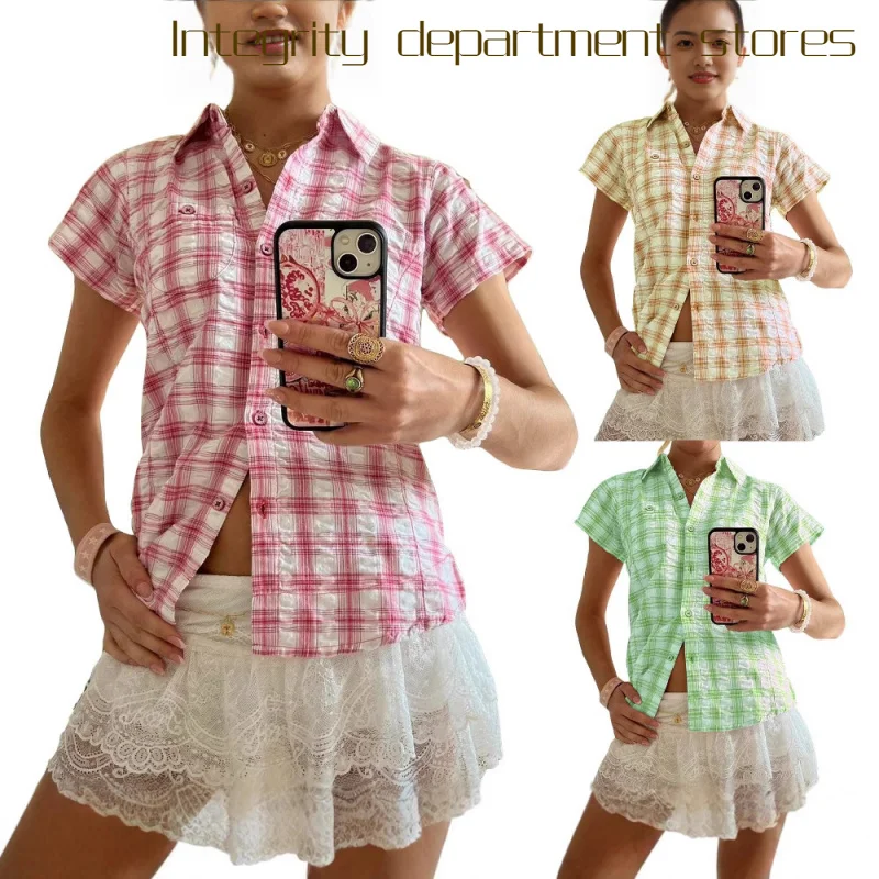 

Sexy V-Ne Lace Cutout eer Top Women's Summer Design Plaid ort Sve Cotton Commute Sle Korean Loose Fit irt