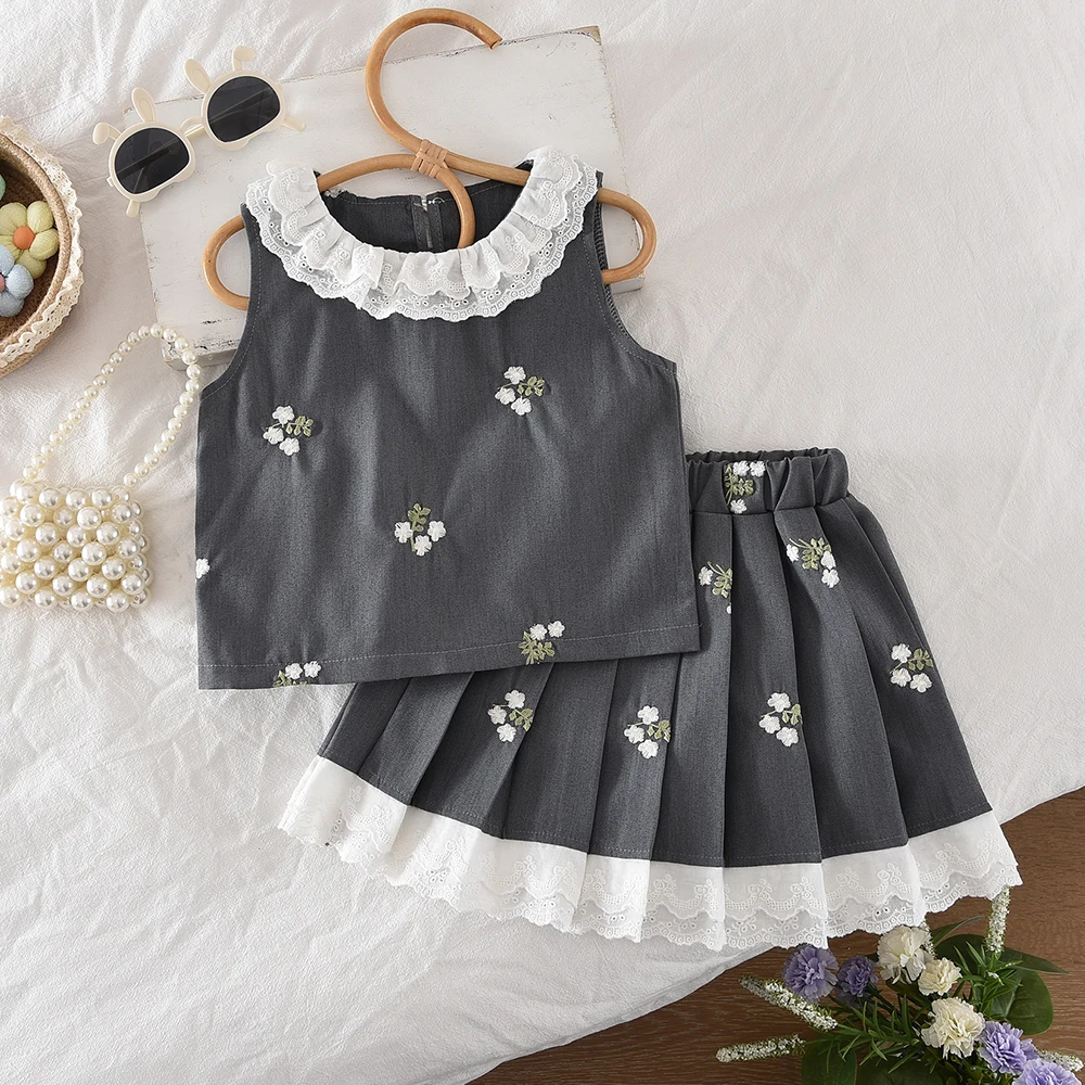 

3-7 Years Old Summer New College Style Girl Set Flower Embroidered Collar Hoodie+pleated Skirt Two Piece Set