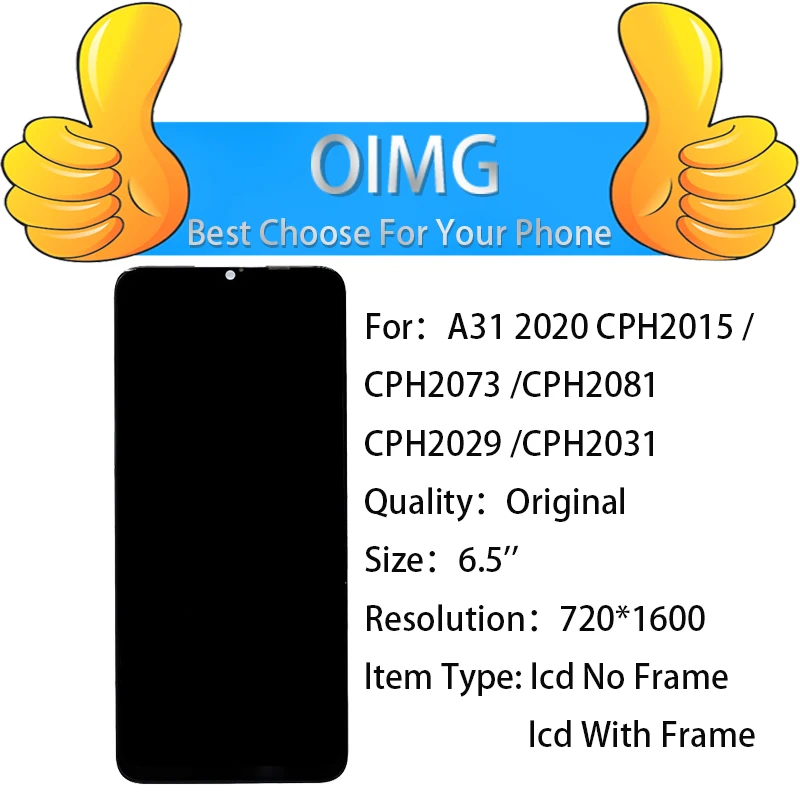 6.5\'\' For OPPO A31 2020 Original LCD Display With Frame Touch Screen Digiziter Assembly CPH2015 CPH2073 CPH2081 CPH2029 CPH2031